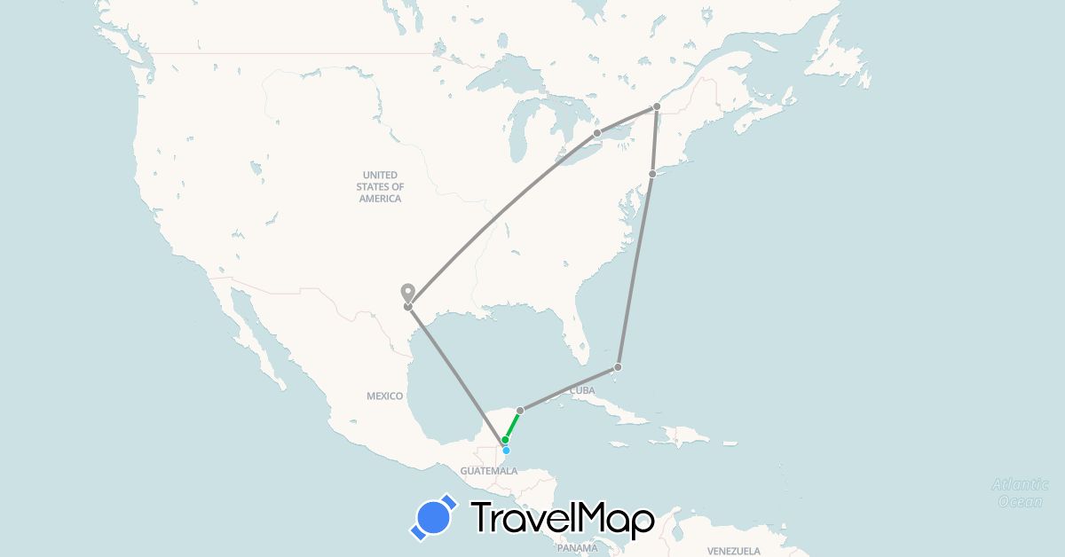 TravelMap itinerary: driving, bus, plane, boat in Bahamas, Belize, Canada, Mexico, United States (North America)